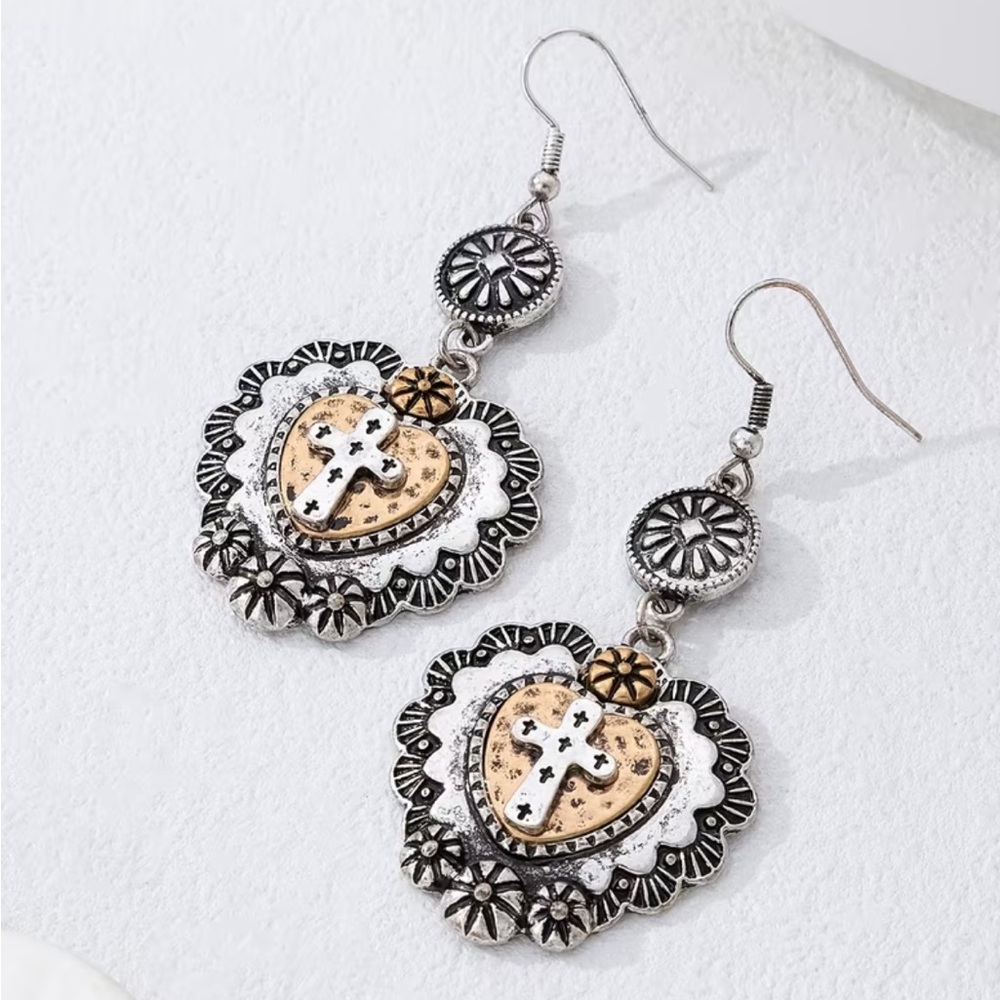 Western Sacred Heart Cross Dangle Earrings | Boho Southwestern Silver Gold Tone